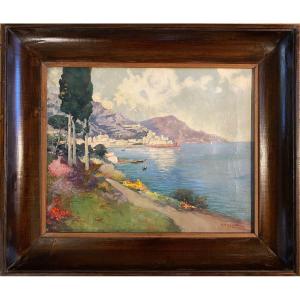 Luigi  Poggianti. “. Amalfi”.  Paysage Italie Du Sud. Huile Sur Toile Encadrée. Début XXème. 