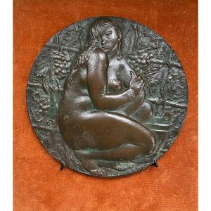 Francesco Giannone. ". Autumn". Bronze Plate Mid 20th Century. Bas-relief Female Nude.