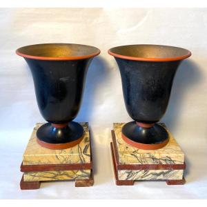 Pair Of Art Deco Cups. Black Metal Vases And Marble Bases. 