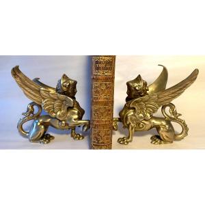 Pair Of Winged Sphinxes In 19th Century Bronze.