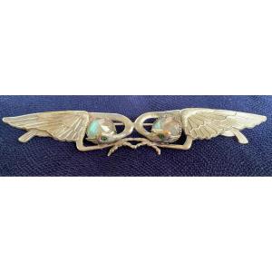 Art Nouveau Brooch. Couple Of Birds. Saphiret And Silver Metal.
