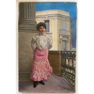 Léopold Danty. “. Jeune Femme Au Balcon”. Huile Sur Toile XIXème. 