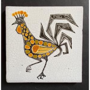 1950s Ceramic Tile. Rooster Enameled Painted Decor. Jds.