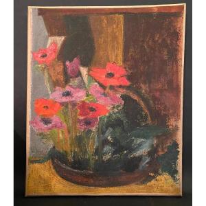Raymonde Pagegie. “the Anemones”. Painting. Oil On Canvas Mid 20th Century. 