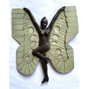 “butterfly Woman”. Art Deco Bronze Bas-relief Plaque. France Early 20th Century.
