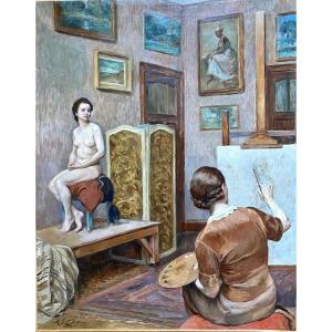 Maurice Jean Lefebvre.  “ L’ Atelier Du Peintre”. Huile Sur Toile début  XXème.