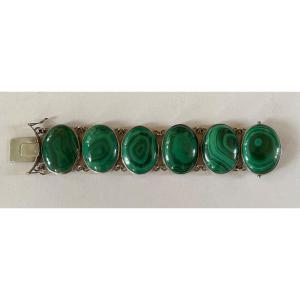 Bracelet In Silver And Malachite Cabochons. 20th Century. 