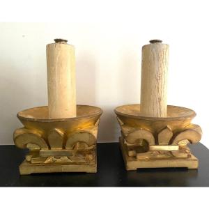 Pair Of Candlesticks In Carved And Gilded Wood Early 20th Century. Stylized Lily Flower.