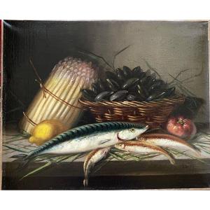 Lair. “. Still Life. Asparagus, Mussels And Fish”. Oil On Canvas 19th Century. 