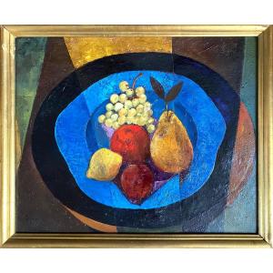 Tony Agostini. “ Blue Plate On The Pedestal Table”. Oil On Canvas Mid 20th. Ecole De Paris.