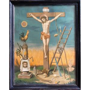 Crucifixion. Jésus Christ Et Les Instruments De La Passion. Chromolithographie XIXème.