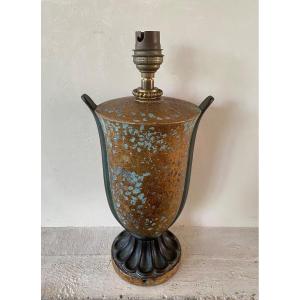 Art Deco Lamp Base. Terracotta With Dinanderie Patina. France 20th Century. 