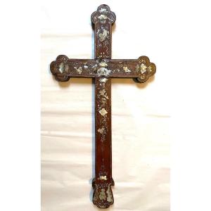 Large Wooden Cross. Indochina Early 20th Century. Floral Decor. Mother-of-pearl Inlays. 