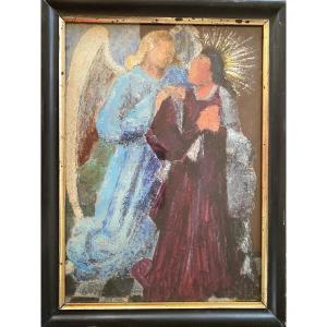 Raymonde Pagegie. “the Annunciation”. Oil On Paper Framed Early 20th Century. 