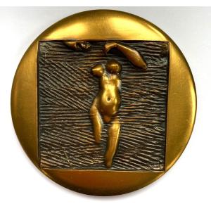 “ondine”. Biface Medal / Paperweight In Bronze. 20th Century. 