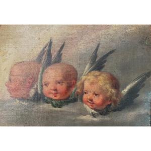 Etude De Têtes D’angelots, Chérubins XVIIIème. Huile Sur Toile Marouflée Sur Carton. 