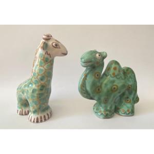 Giraffe And Camel. Ceramics By Gertrude Kudielka For Lauritz Hjorth In Bornholm, Denmark