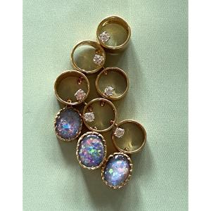 Pendentif Moderniste En Or 18k. Opales Et Diamants. Années 70s
