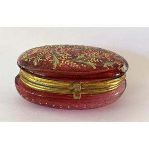 Small Art Nouveau Pink Glass Box. Enameled Floral Decor. Early 20th Century.