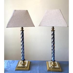 Pair Of 70s/80s Lamps. Chrome And Brass Finish. In The Style Of Romeo Rega. 