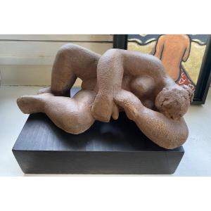 “reclining Female Nude”. Terracotta Sculpture From The Mid-20th Century On A Blackened Wooden Base. 