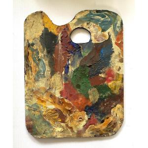 Palette de peintre milieu XXème. Huile sur panneau de bois découpé. 