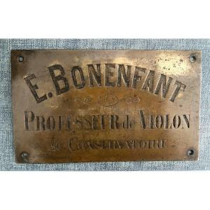 Plaque professionnelle en laiton XIXème. “E. Bonenfant. Professeur de violon au Conservatoire”.