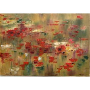 “Le champ de coquelicots”. Huile sur toile XXème. Patrick Waravka. 