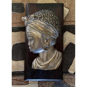 Portrait Of A Young African Woman. Silver-plated Bronze Sculpture On A Wooden Base, Early 20th Century. 