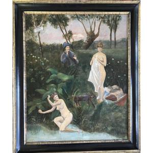 " Swimming Prohibited." Framed Oil On Canvas. 19th  Naive Painting. Michel. 