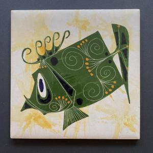 Decorative Enameled Ceramic Tile. Desvres, Mid-20th. Stylized Fish.