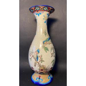 Glazed Earthenware Vase From Longwy. Late 19th Century. Decorated With Birds And Flowering Branches. 