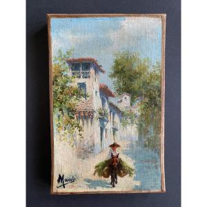 Scène méditerranéenne . Huile sur toile milieu XXème. Macili. École italienne. 