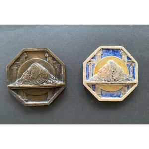 G. Gaucher.  « La tête de St Jean-Baptiste ». Deux médaillons  début XXème. Bronze et céramique