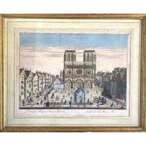 Notre-Dame de Paris. Vue d’optique encadrée  XVIIIème. Gravure avec rehauts d’aquarelle. 