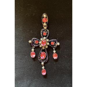 XIXth Silver Cross, Rhinestones, Pearls, Black And White Enamel. 