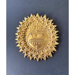 19th Brass Ex Voto. “charitas”. Ardent Heart. Heart And Crown Of Christ. 