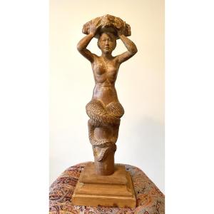 Carved Wooden Caryatid From The Early 20th Century. Mermaid. 