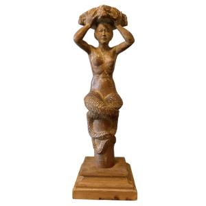 Caryatide en bois sculpté début XXème. Sirène. 