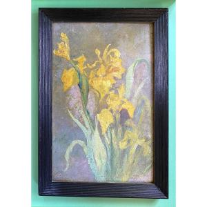 “yellow Irises”. Framed Oil On Cardboard, Early 20th Century. 