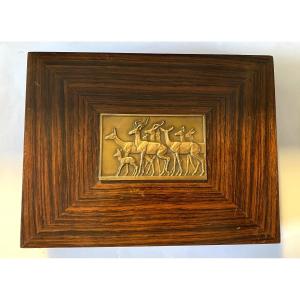 Art Deco Wooden Box. Decorated With A Bronze Animal Medallion By René Thénot. 