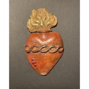 Ex-voto. Ardent Heart. Sacred Heart, 19th Century, In Lead. 
