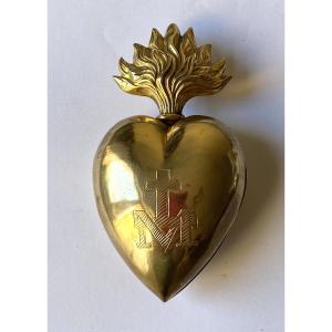 Cœur Ardent. Cœur de Marie. Ex Voto XIXème en laiton. 