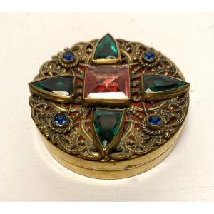 Art Deco Box/pillbox In Brass With Colored Glass Cabochons. 