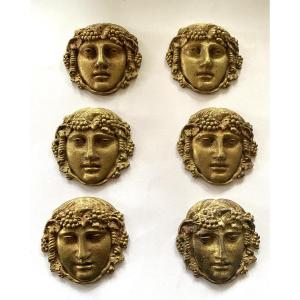 Set Of Six 19th Century Bronze Ornamental Mascarons. Heads Of A Young Bacchus. 