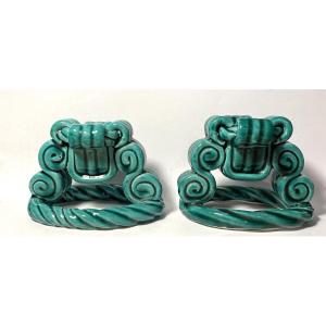 Pair Of Green Glazed Ceramic Candlesticks. Vallauris, 1950s. 