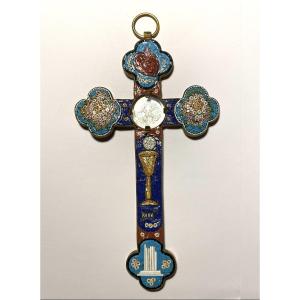 Cross With Micro-mosaic. Italy, Early 20th. Flaming Heart, Chalice, Flowers And Column.