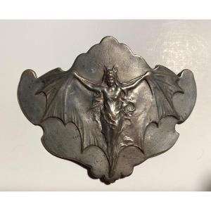 Art Nouveau Silver-plated Metal Belt Buckle. Bat Woman. Early 20th Century. 
