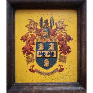 « Labor Ipsa Voluptas ».Armoiries. Blason XIXème. Huile sur panneau encadrée. 