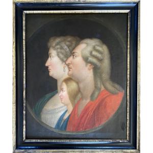 La famille royale. Louis XVI, Marie-Antoinette et le dauphin. Huile sur toile fin 18ème.